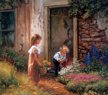 kids pick flowers Oil Paintings